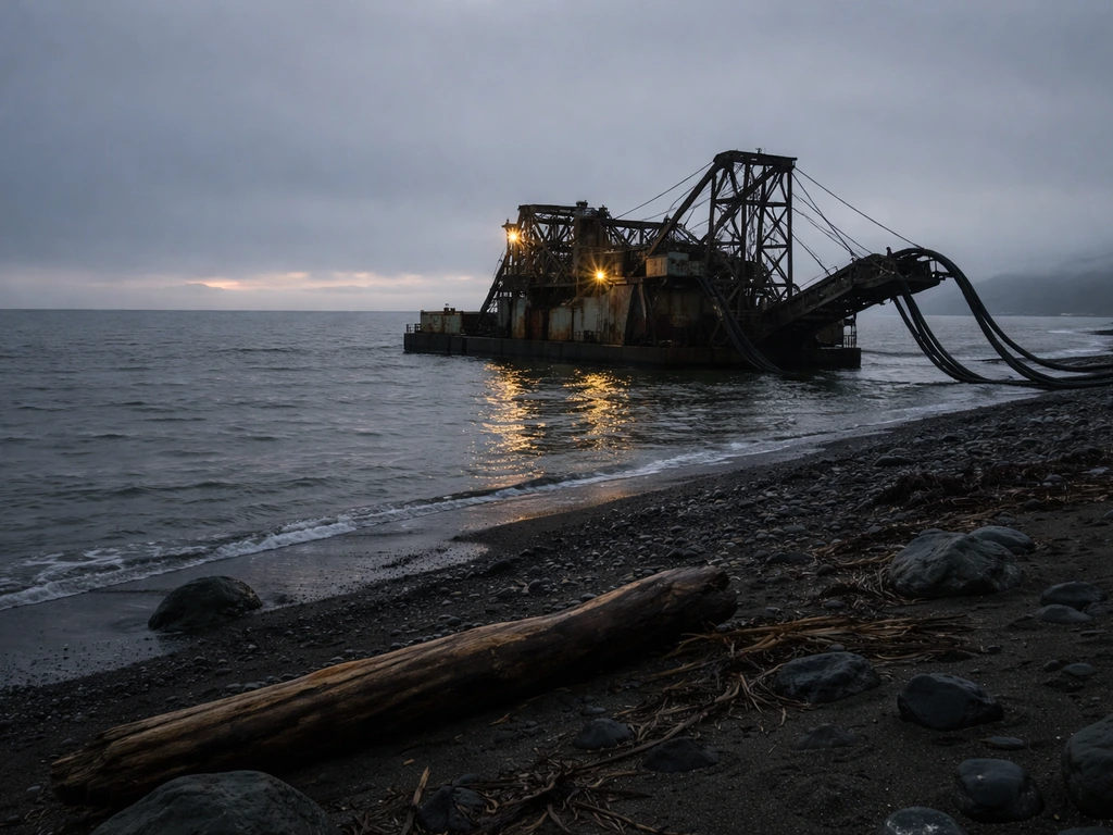 Moody Alaskan shoreline scene with a gold dredge machine and reflective water at dusk, symbolic of earnings stakes.
