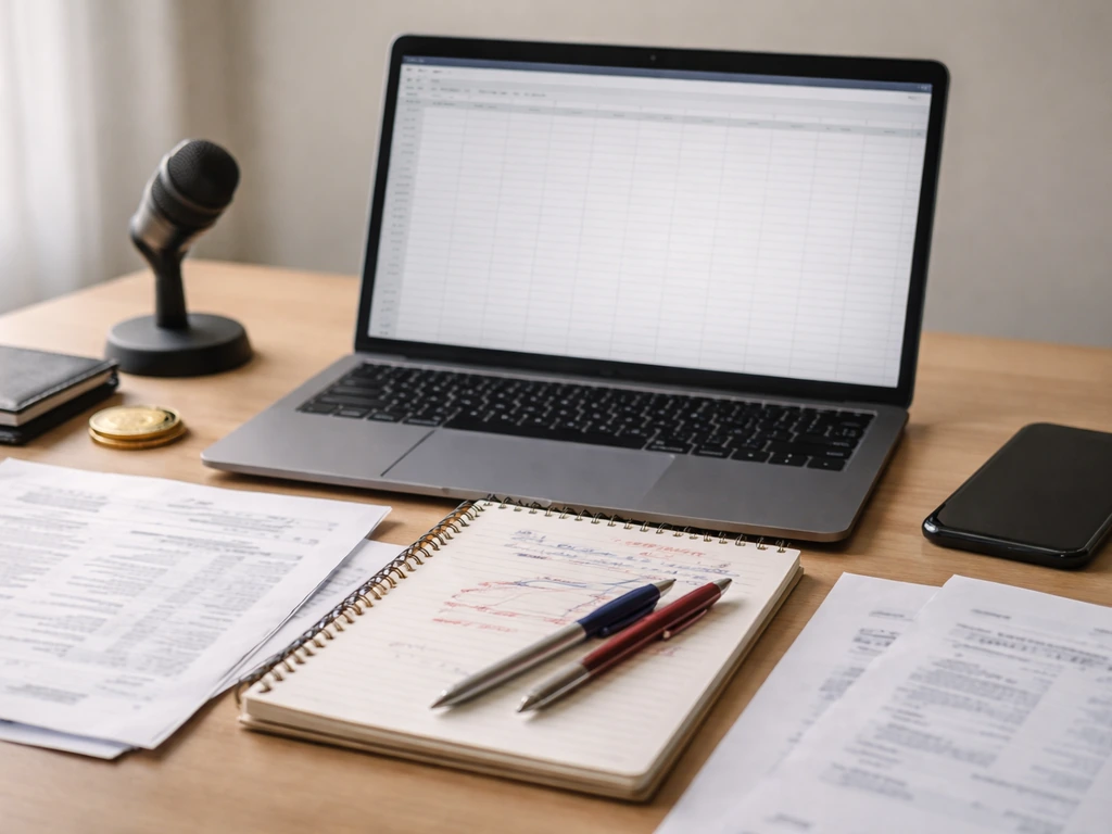 Close-up of an anonymous desk with an unreadable spreadsheet grid, financial papers, and pens implying net worth inputs.