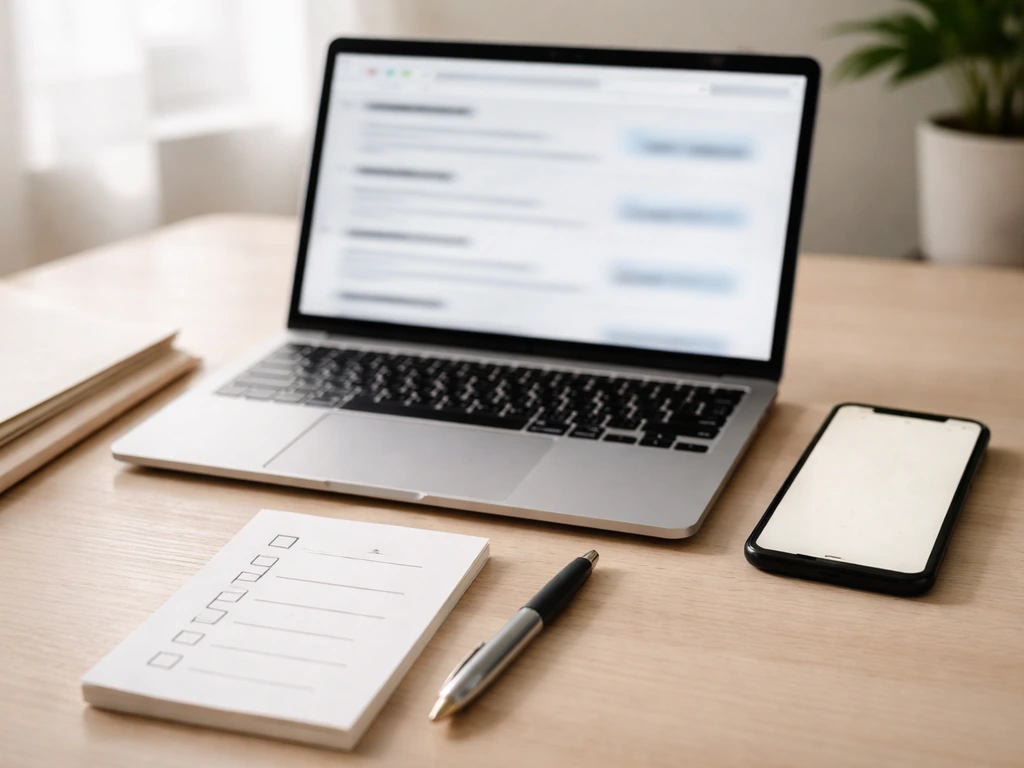 Minimal desk scene with laptop search results blurred, phone notes, and a blank checklist for verification.