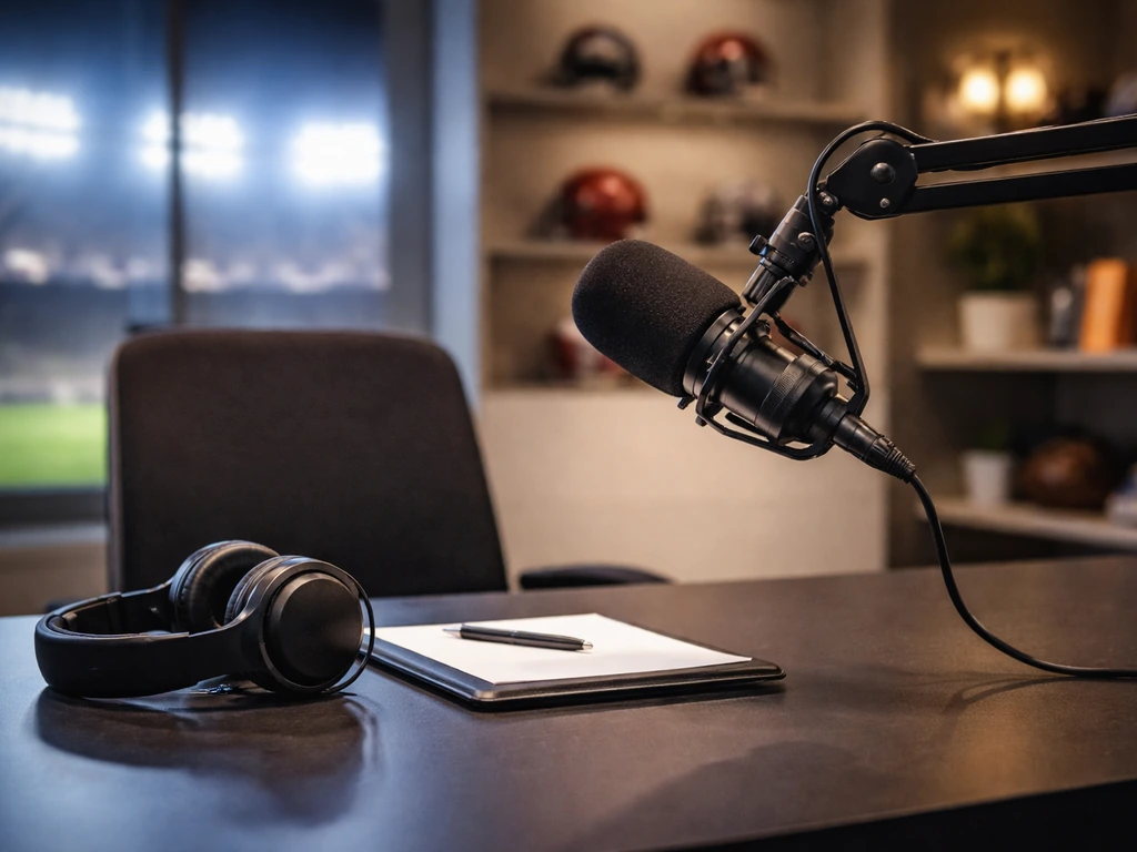 Anonymous NFL broadcast desk with microphone, headphones, and blurred stadium-style backdrop, no people or text.