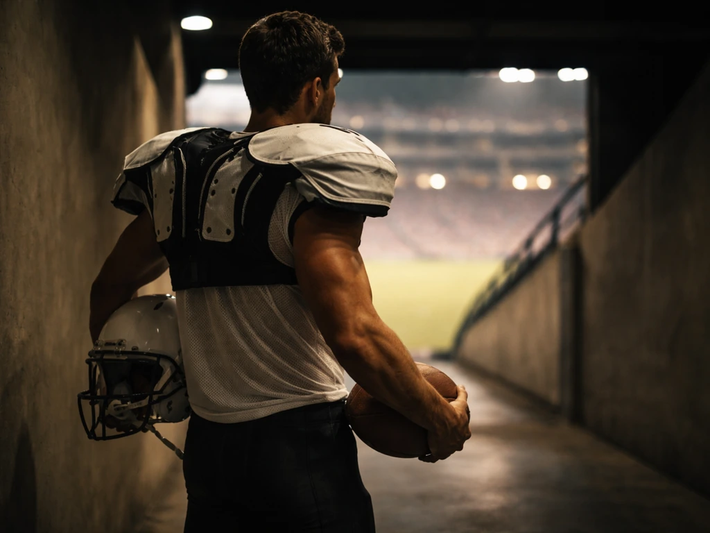 Former NFL safety in vintage gear holding a football on a quiet stadium tunnel entrance
