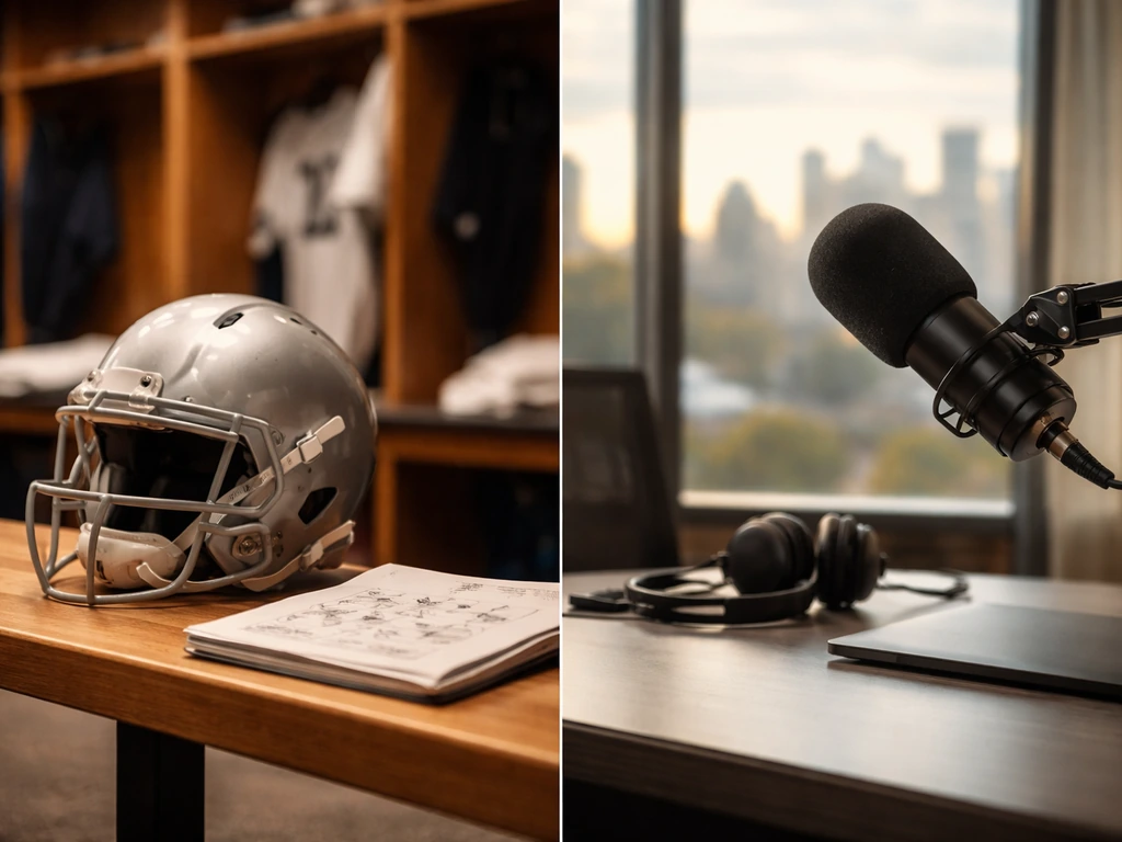 NFL-themed and media studio scenes merge to symbolize sports earnings building long-term wealth