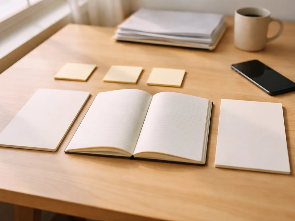 Two neat notepads with blank sticky notes beside a smartphone in a quiet home office, symbolizing side-by-side estimates