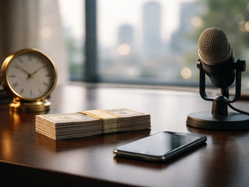 Minimal office desk with microphone and stacked cash, symbolizing media and net worth figures without any text.