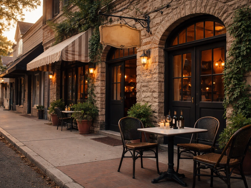 Rustic Italian restaurant exterior with warm signage and an empty outdoor dining table with wine bottles.