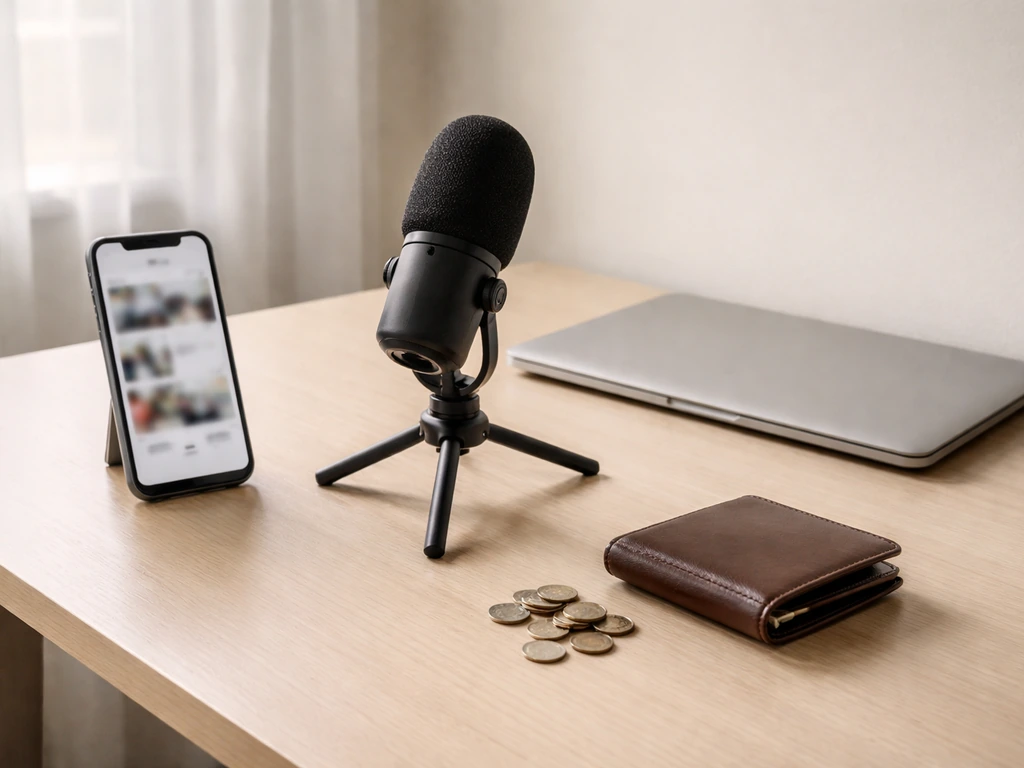Minimal desk scene with smartphone, microphone, laptop, and coins suggesting media finance analysis differences.
