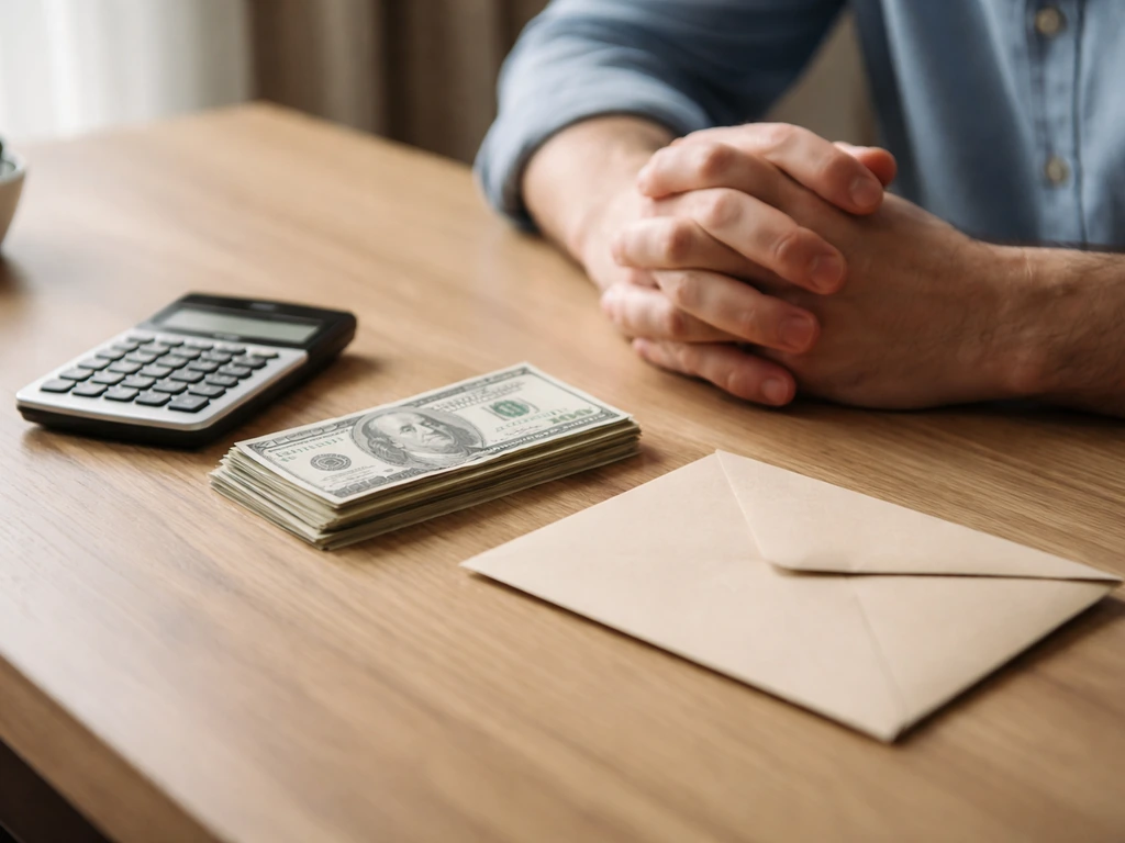 Minimal photo of a person’s hands with a calculator and cash beside a sealed envelope on a desk