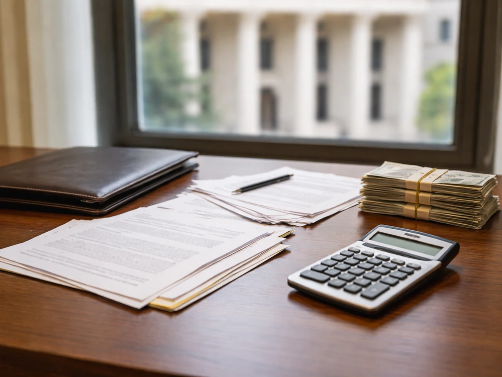 Minimal desk scene with legal documents, calculator, and cash envelopes symbolizing estate and deduction inputs.