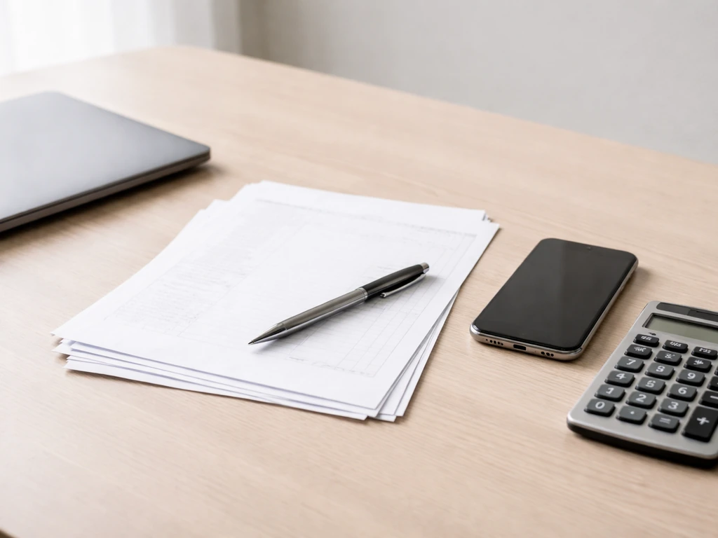 Minimal photo of a desk setup with documents and a calculator showing reconciling money figures.