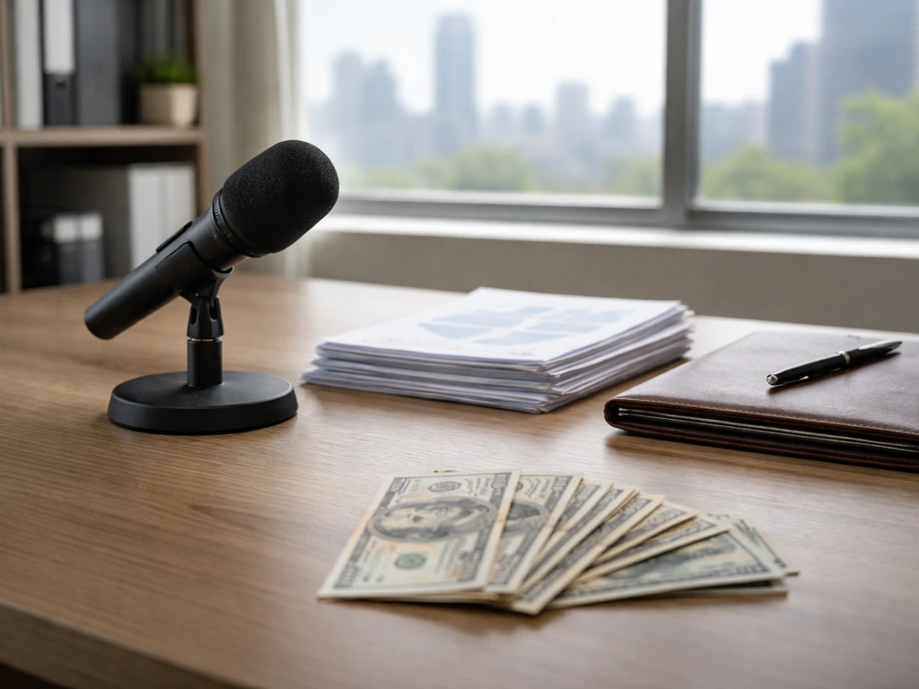Minimal photo of a franchising-style business executive desk with cash, documents, and a microphone