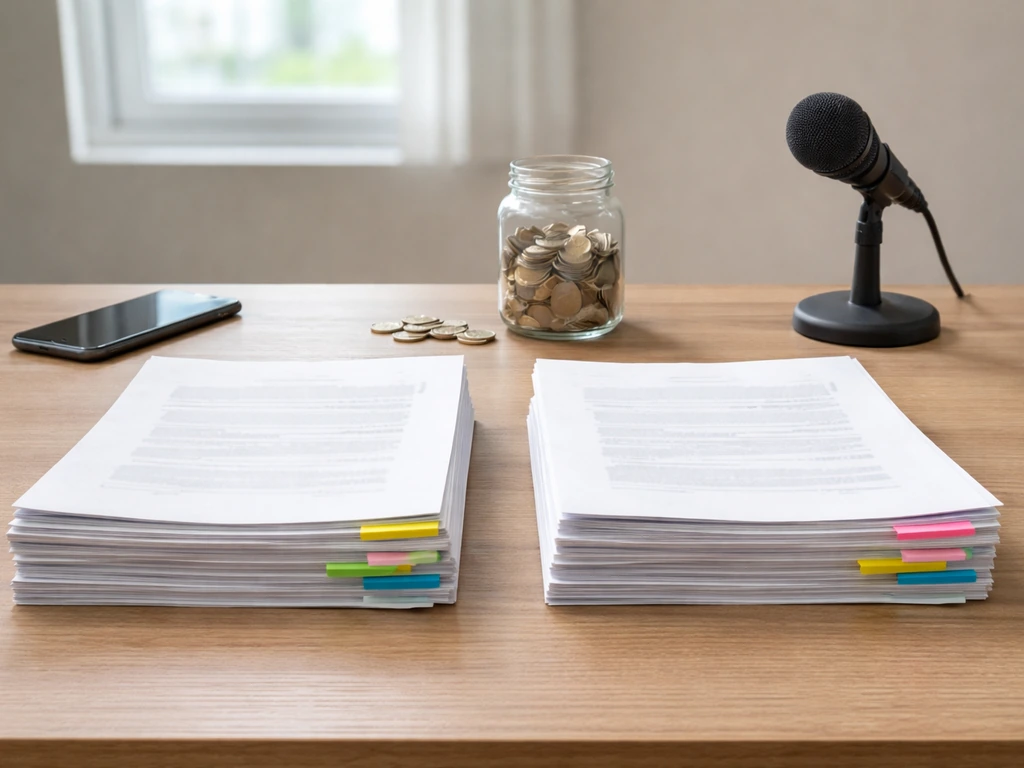 Minimal office desk scene with side-by-side finance documents, coins, and analysis tools, symbolizing net-worth range un