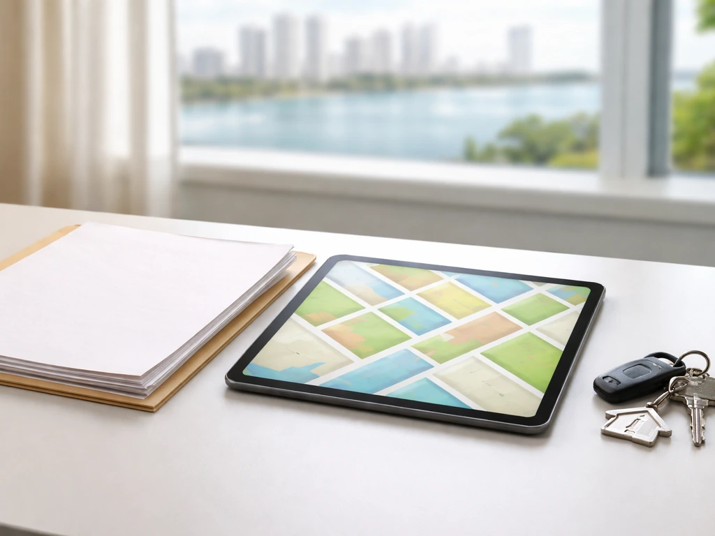 Minimal desk scene with blank documents and a non-text real-estate parcel map on a tablet.