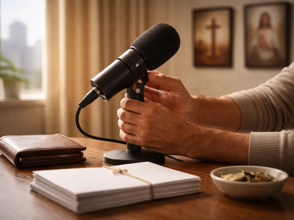 Anonymous hands adjust a studio microphone with coins and blank documents on a desk.