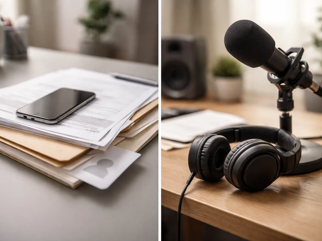 Split-screen desk and studio scenes symbolizing confusion between similar public profiles by name.