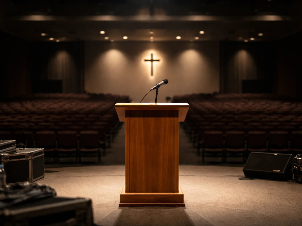 Empty church conference hall with a lectern microphone and warm stage lights, suggesting Christian media work