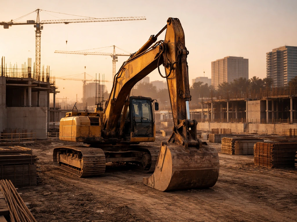 Hydraulic excavator at a major Los Angeles construction site with cranes and city buildings in the background.
