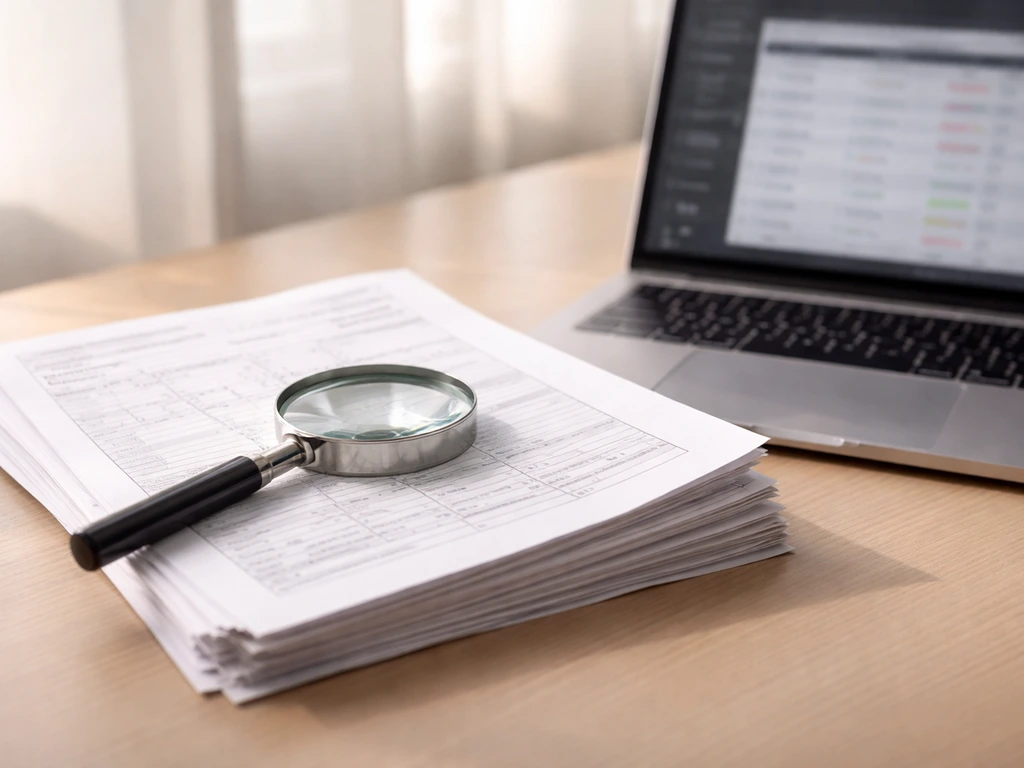 Close-up of a desk scene with SEC Form 4-style papers, magnifying glass, and laptop in soft light