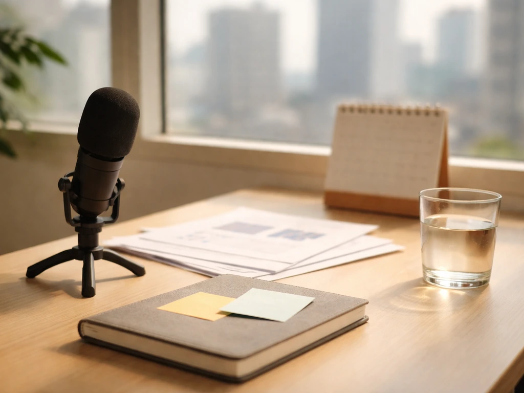 Minimal photo of a business desk with a microphone and scattered documents beside a window, symbolizing changing estimat