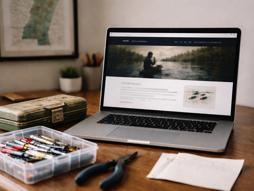 Minimal desk scene with a laptop showing a fishing tackle about-page layout and jigs in a tray.