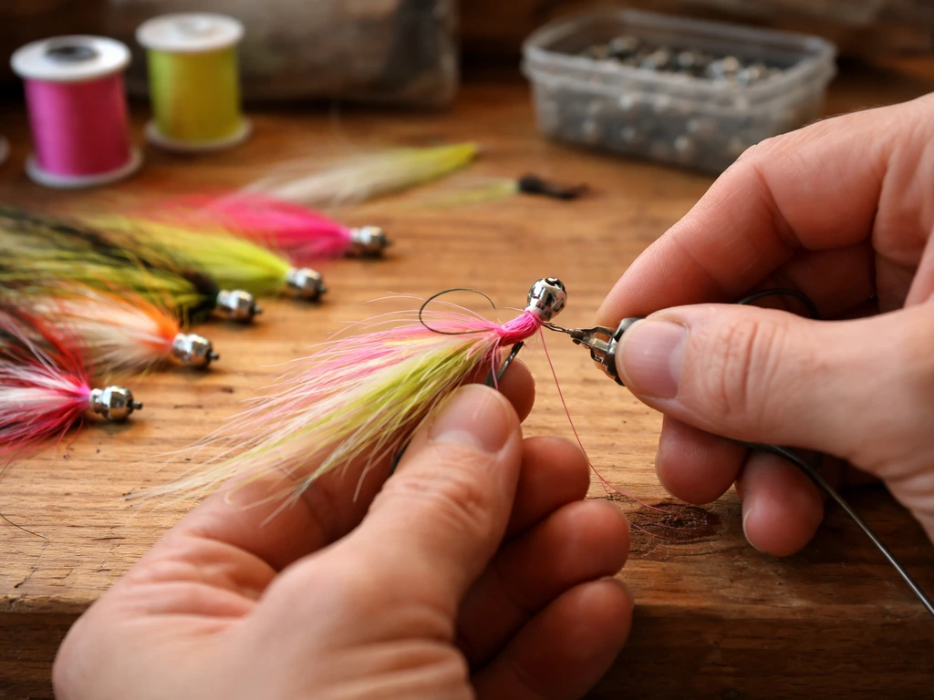 Close-up of hand-tied crappie jigs with fishing thread and materials on a workbench