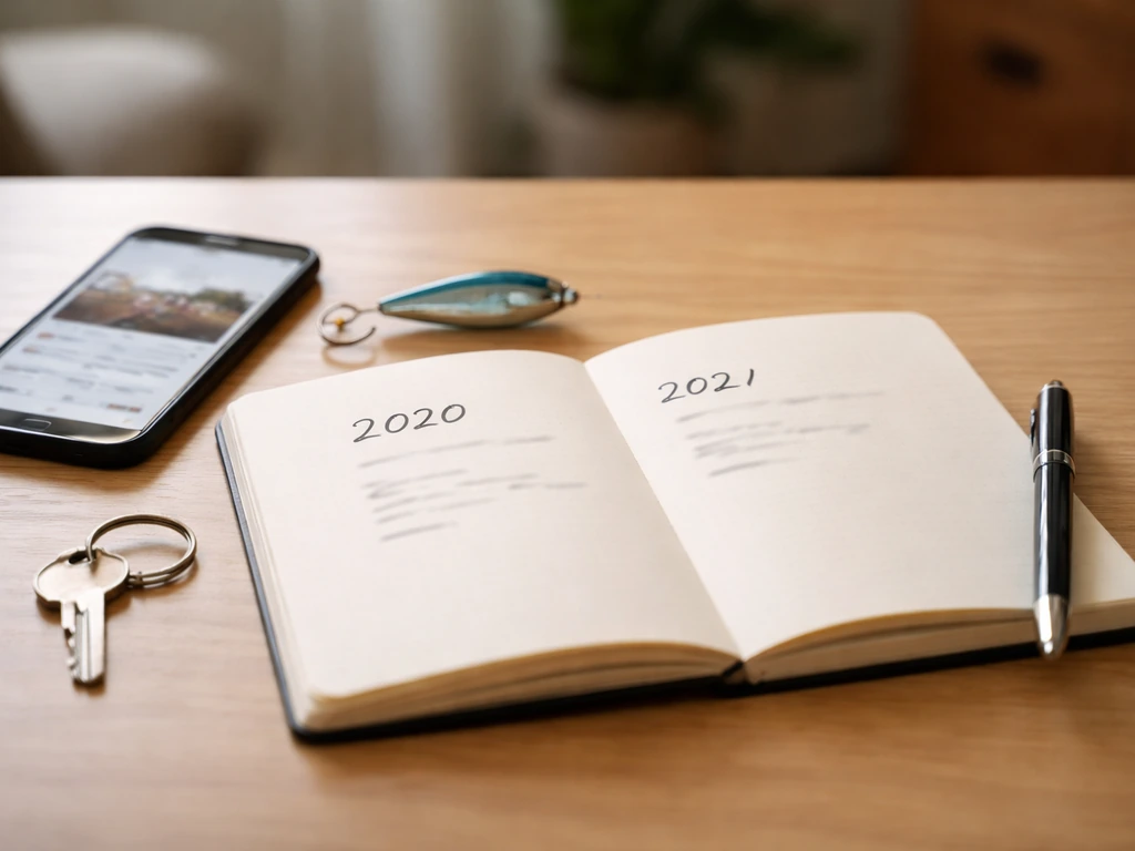 Minimal photo of a notebook with handwritten dates and a small fishing lure beside a smartphone