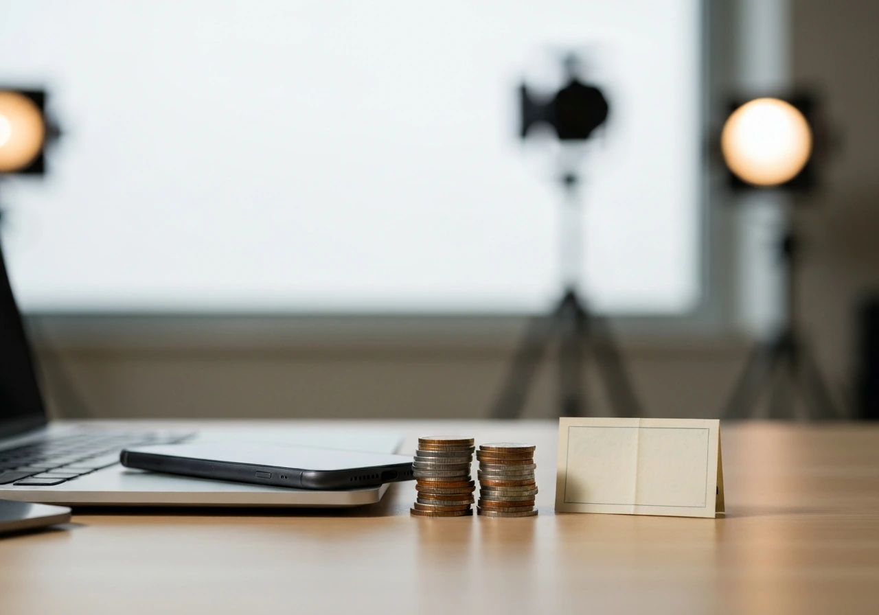 Minimal photo of a laptop and smartphone on a desk with a small stack of coins nearby, symbolizing estimated net worth.
