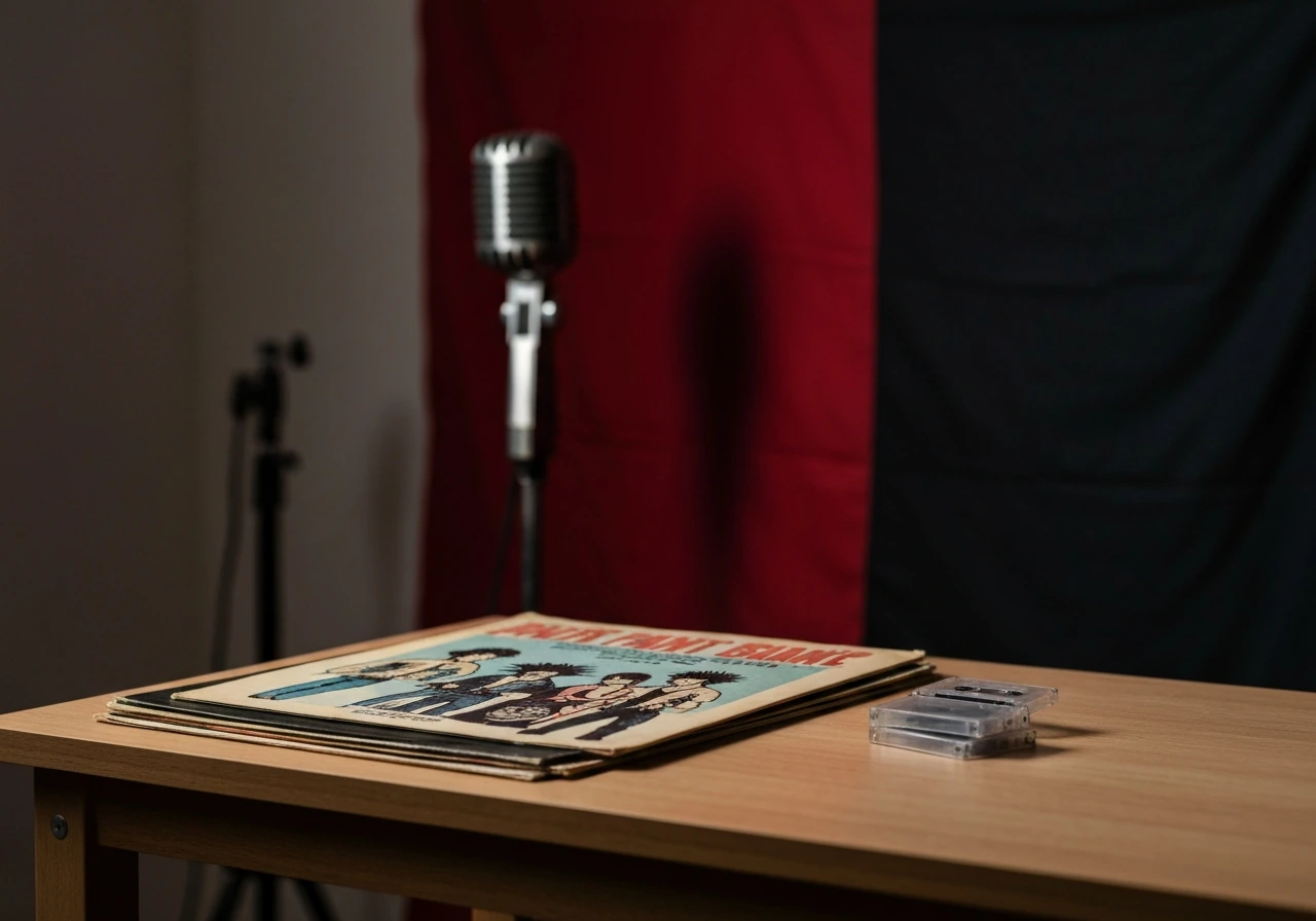 Worn vinyl records and cassettes on a desk with a vintage microphone and punk-style backdrop, no people.