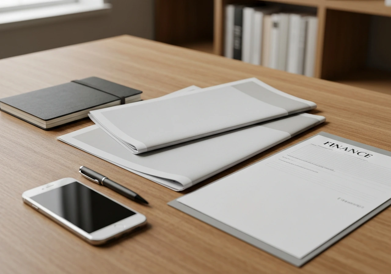 Minimal desk scene with a newspaper and finance documents beside a closed notebook, symbolizing source verification.