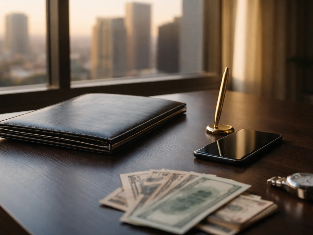 Minimal executive desk with portfolio, pen, phone, and small currency near a city skyline window.