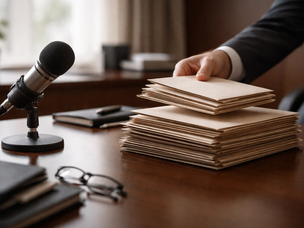 Executive desk with a microphone and a hand placing cash-like envelopes into a simple compensation stack