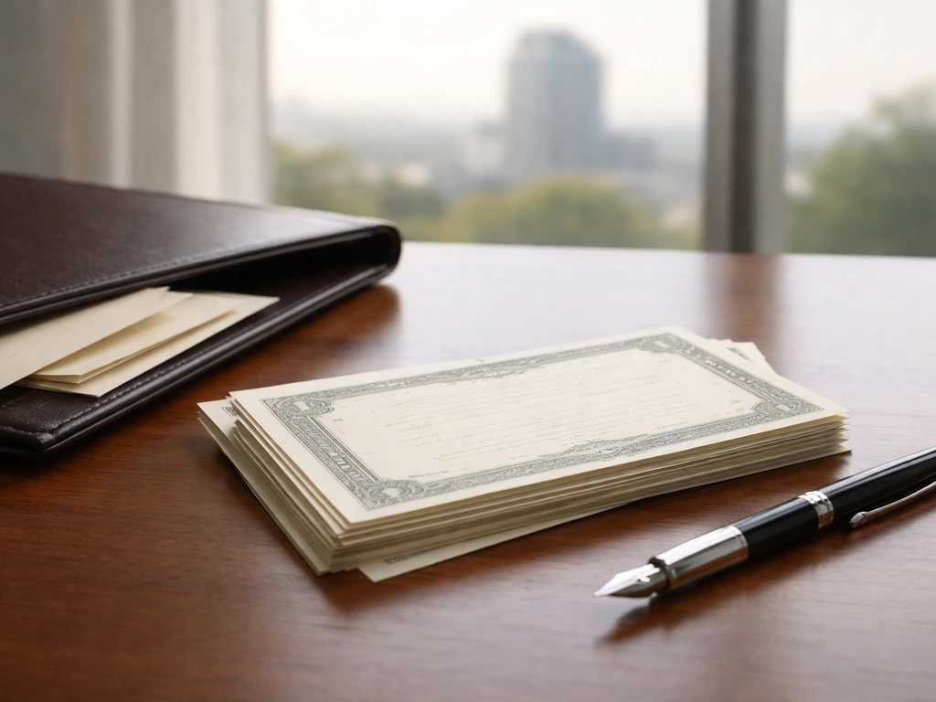 Close-up of blank stock-certificate papers and a pen on a desk with a blurred city skyline.