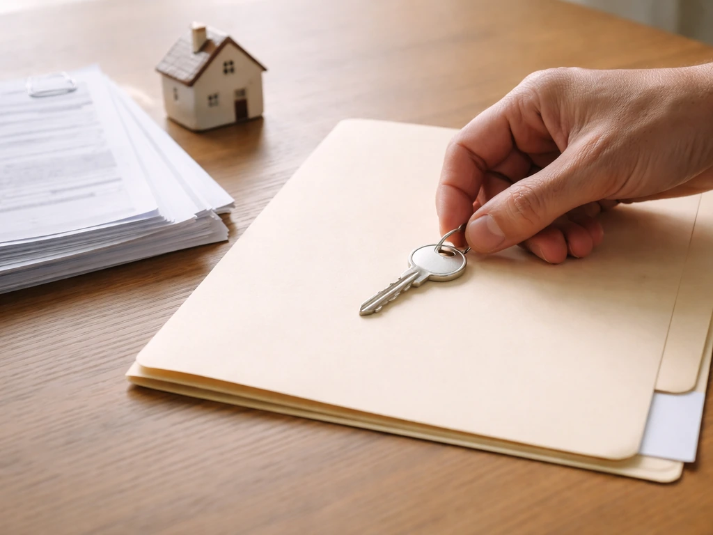 Minimal photo of a hand placing a metal key on an open real estate folder beside retirement plan documents