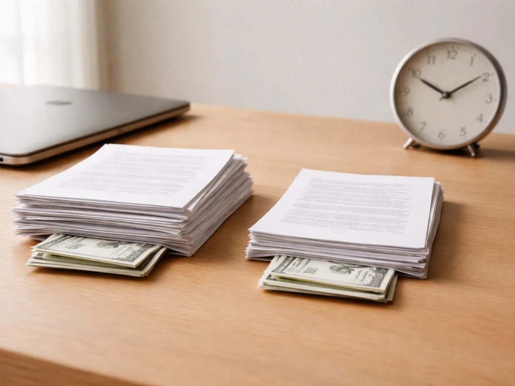 Minimal desk scene with two contrasting stacks of documents and money, symbolizing competing estimates.
