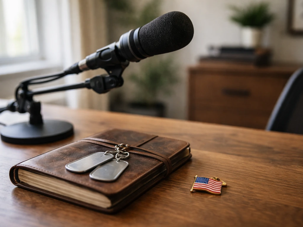 Anonymous office desk with microphone and service memorabilia, evoking veterans advocacy and public discussion.