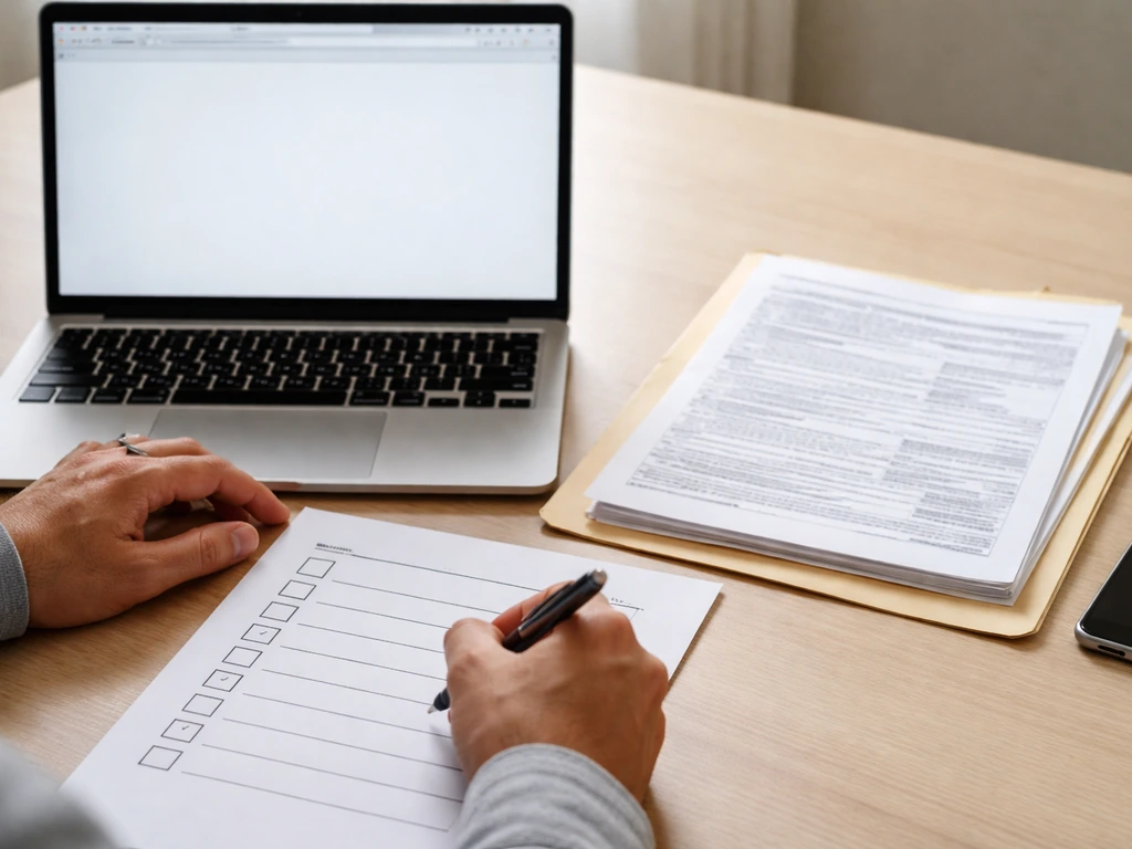 Open laptop with bookmarked tabs and paper checklists beside a folder of financial documents