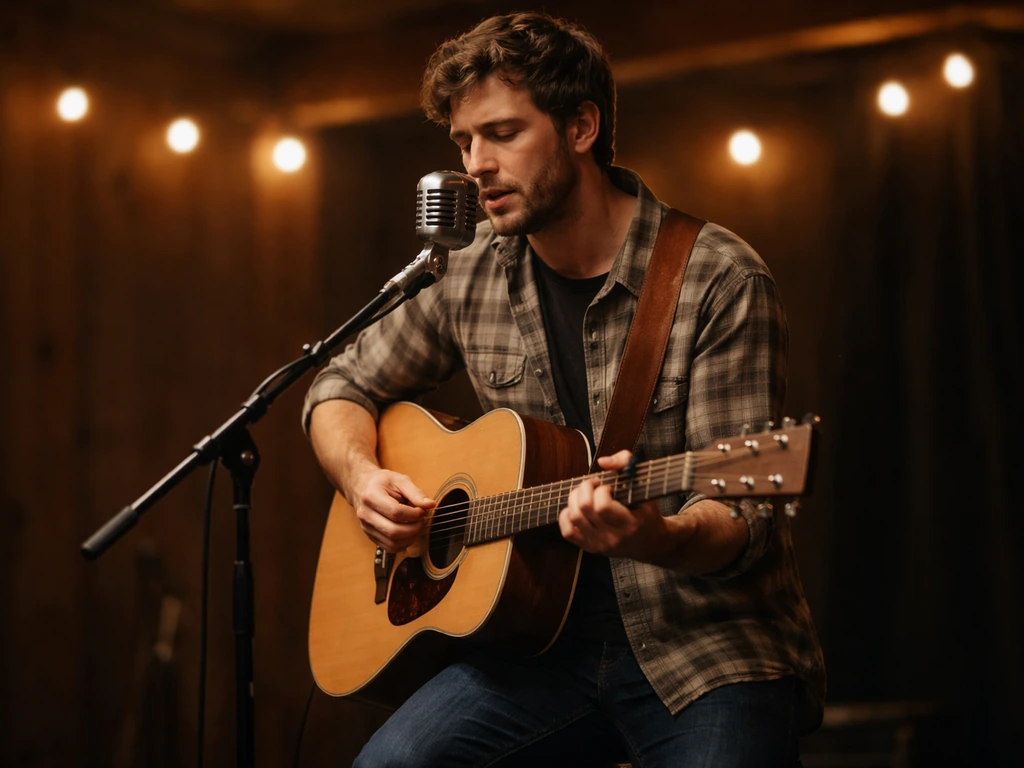 Anonymous folk singer strumming an acoustic guitar at a small stage with a microphone in soft light.