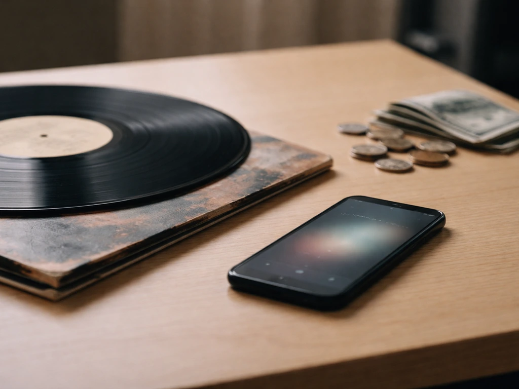 Vinyl record, smartphone with music app glow, and worn album sleeve on a studio desk with cash nearby