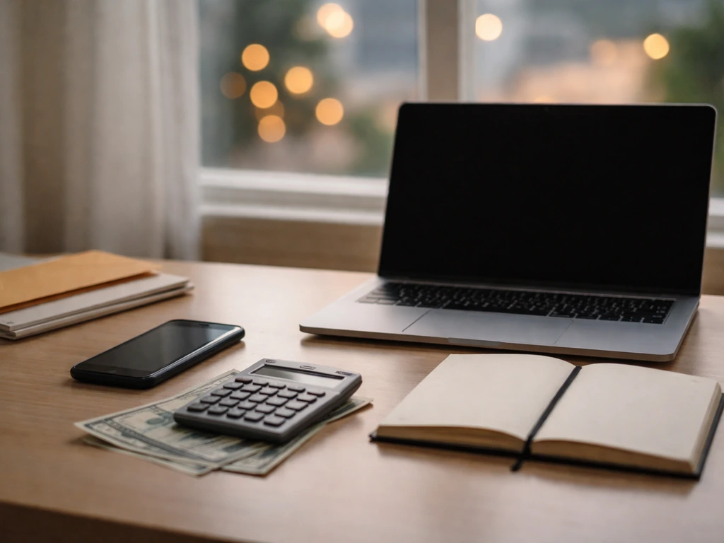Minimal desk scene with money, calculator, and conflicting-looking envelopes suggesting varying net worth claims