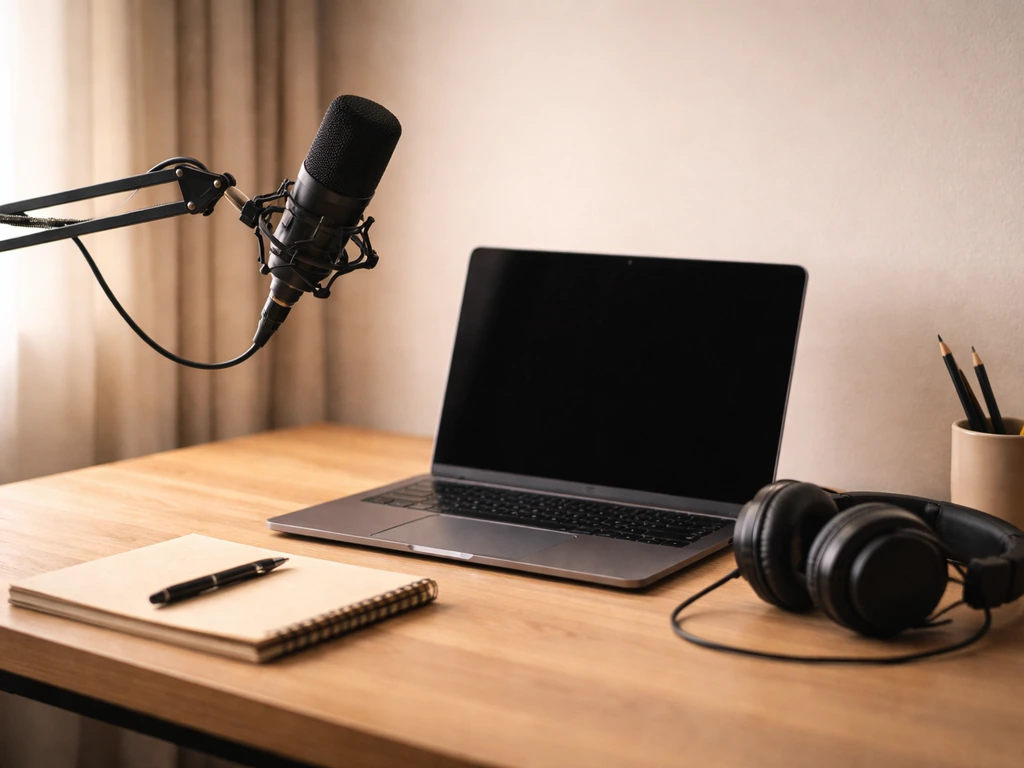 An empty animator-style desk with a laptop and microphone in a quiet studio setting