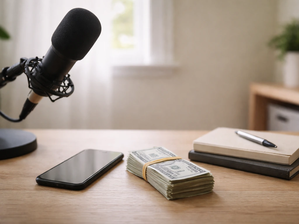 Minimal photo of a studio desk setup with a smartphone, microphone, and a small stack of cash