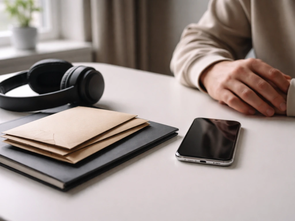 Minimal desk scene with a smartphone, headphones, and a small stack of envelopes symbolizing earnings from projects.