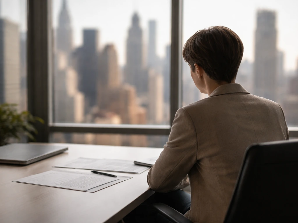 Minimal photo of an anonymous finance professional reviewing commercial real estate documents in a bright NYC office