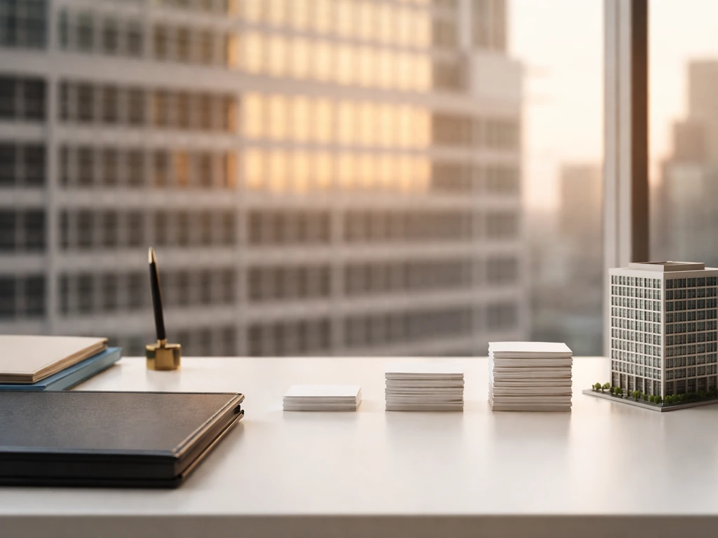 Desk with portfolio and milestone folders beside a blurred office building facade at sunset light.