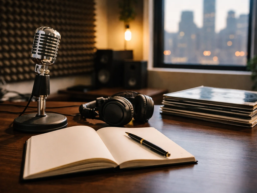 Minimal studio desk with microphone and headphones, evoking a hip-hop label office atmosphere