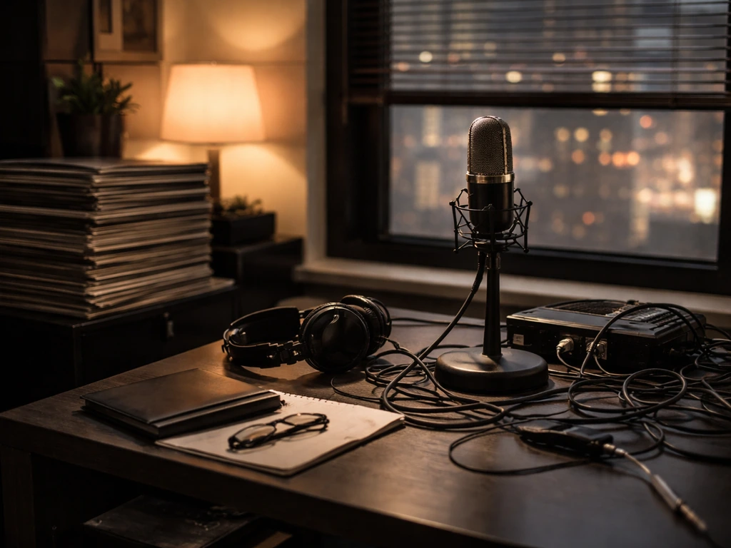 Anonymous music executive in a dim NYC-style studio office with vinyl records and a microphone stand.