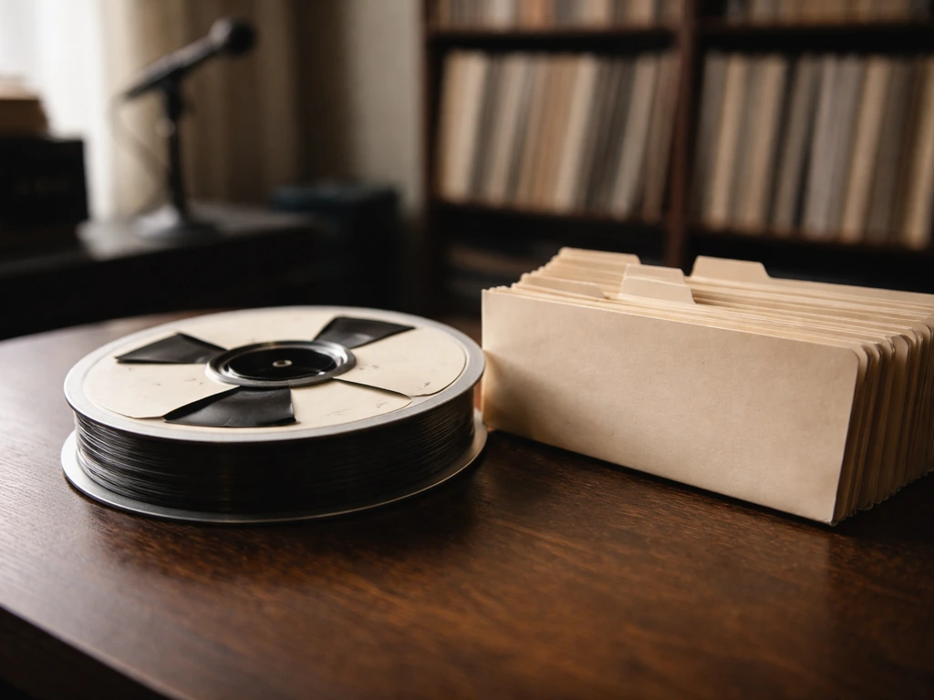 Close-up of unlabeled music royalty folders and a vintage record catalog reel on a studio desk.