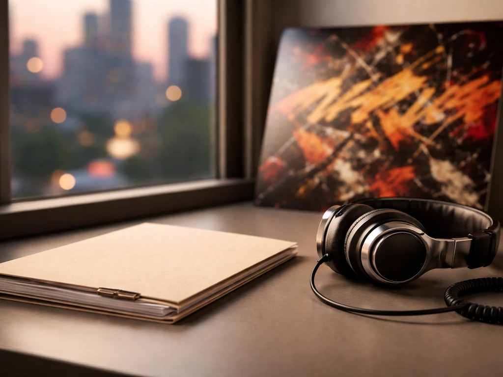 Upscale music office desk with contract folder and studio headphones, city skyline softly blurred through window.