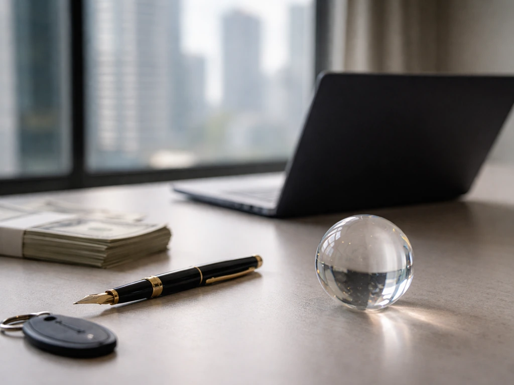 Minimal office desk with laptop, pen, and money symbolism, softly lit with city view in background
