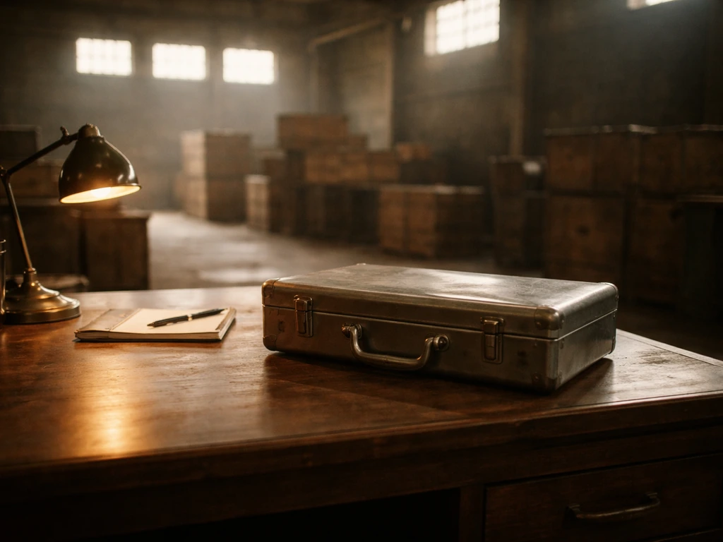 Vintage briefcase on a wooden desk in a quiet warehouse loading bay with soft sunlight and crates in background.