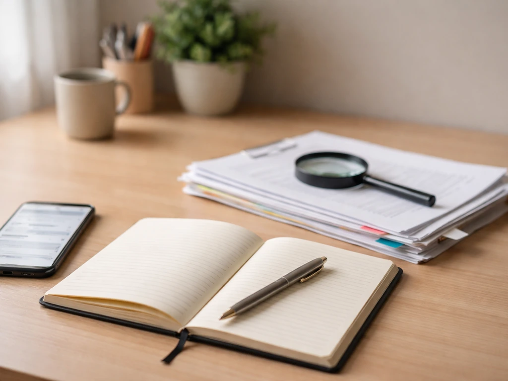 Home office desk with notebook, blurred smartphone, documents, and a magnifying glass for verifying information.